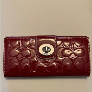 Coach Glossy Red Turnlock Signature Embossed Patent Slim Envelope Wallet